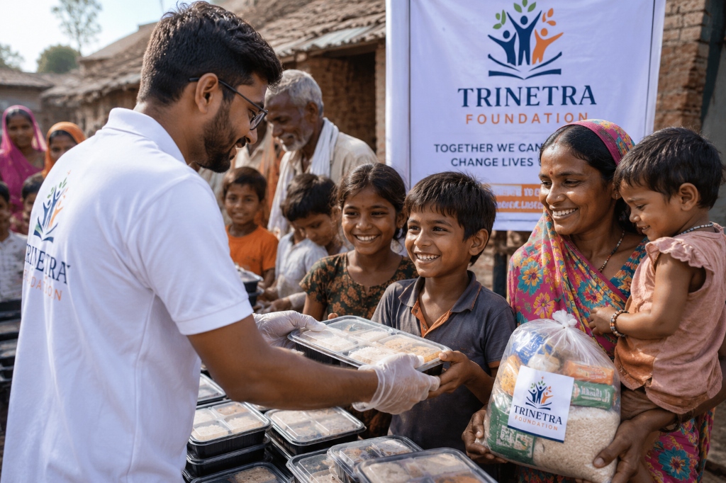 Cooked meal and food relief distribution by Trinetra Foundation in Forbesganj, Bihar